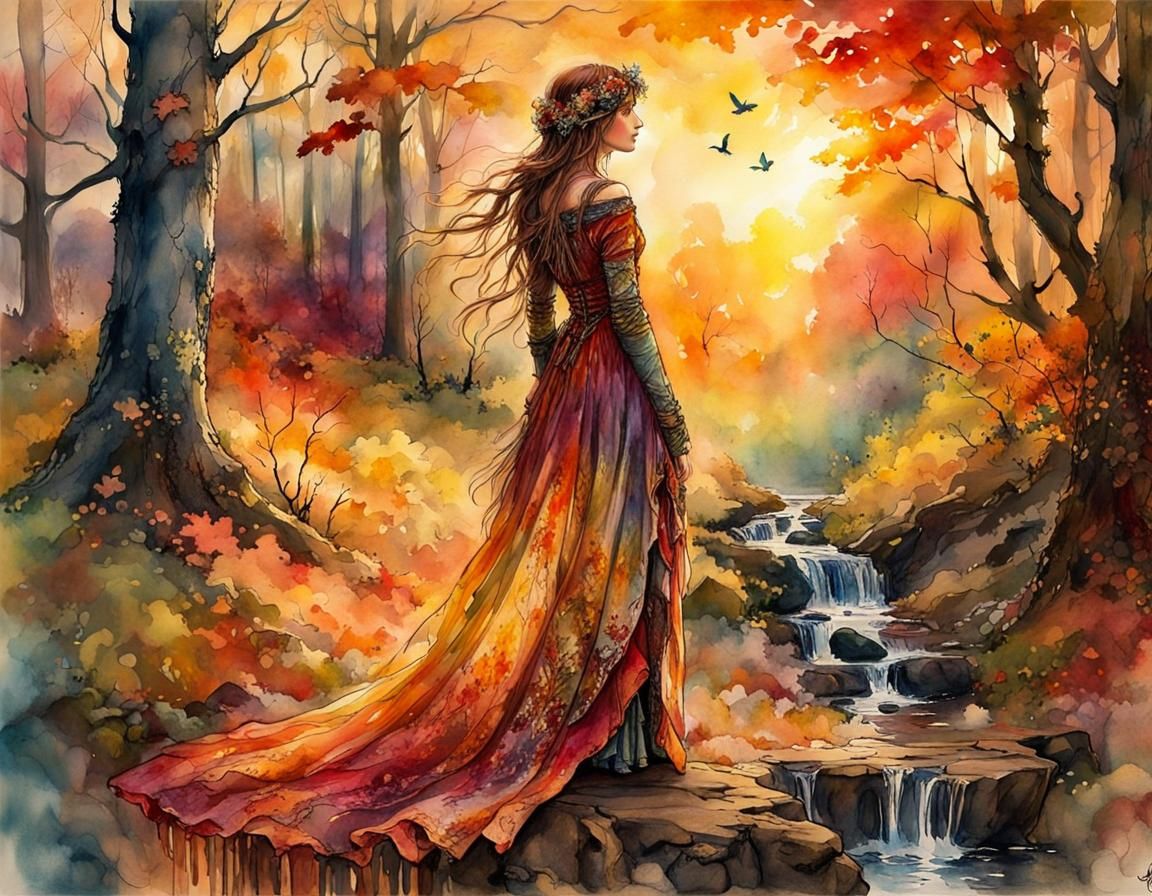 Sunset in Forest Glen: Aetherpunk Watercolor Art