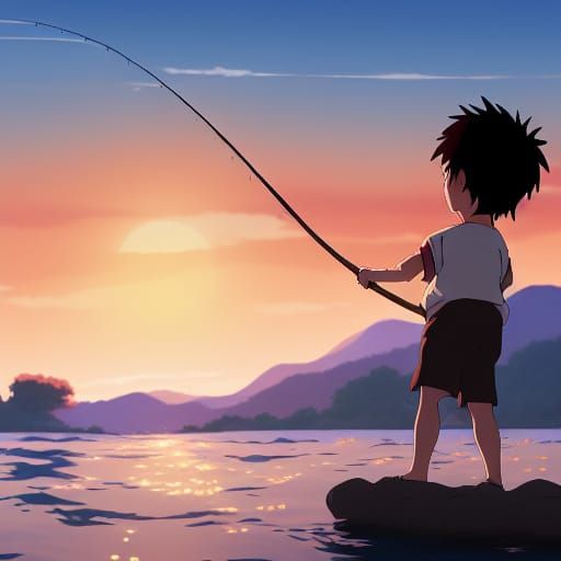 Anime Boy Fishing at Sunrise, Ghibli Style
