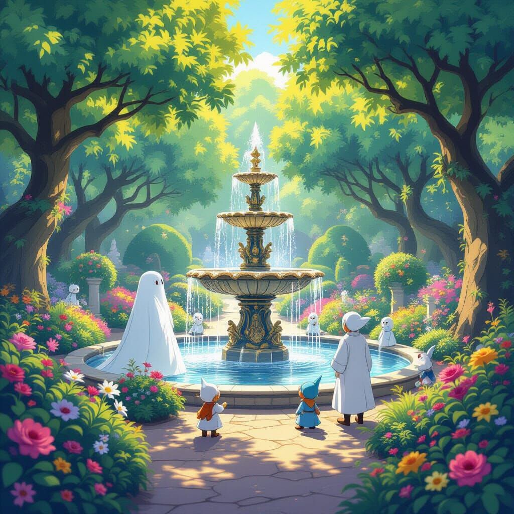 Enchanted Garden with Ethereal Figures in Painterly Anime St...