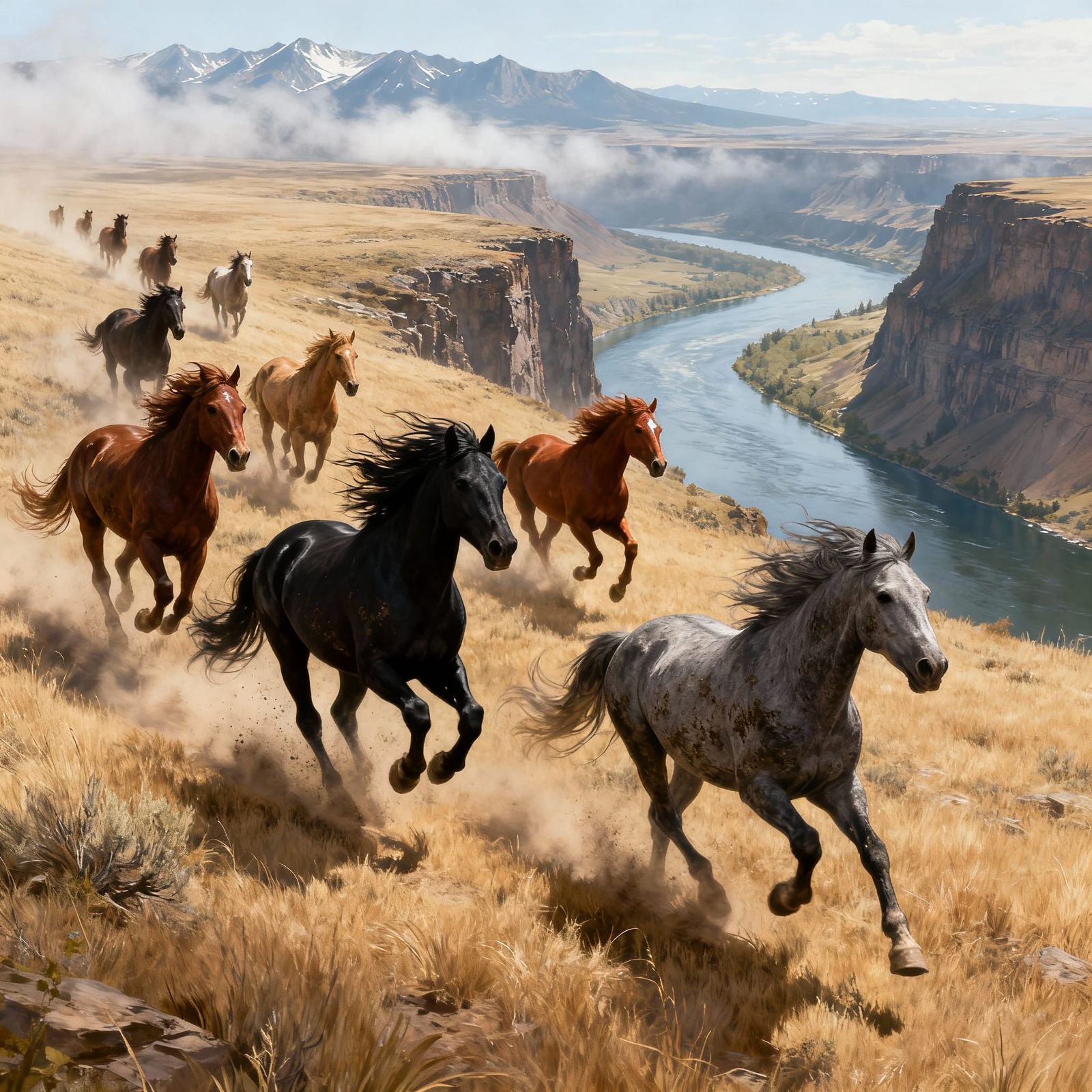 Wild Horses Gallop Across High Plateau with Mountain Views