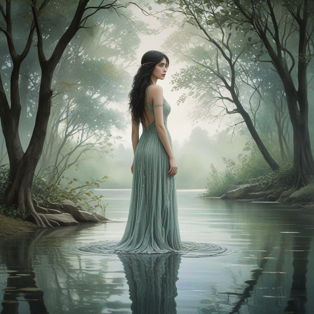 Ethereal Watercolor Art Nouveau: Serene Elf Woman by Misty L...