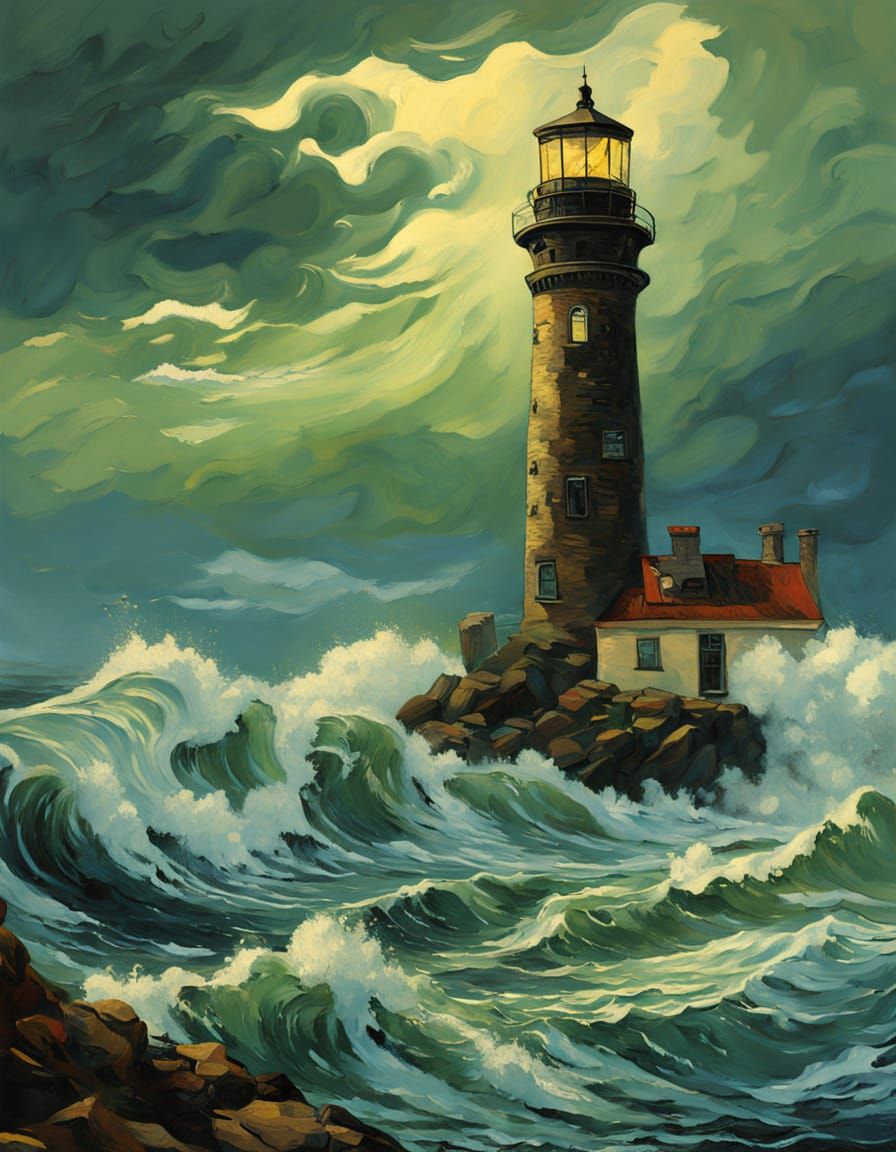 Steampunk Lighthouse in Van Gogh Storm
