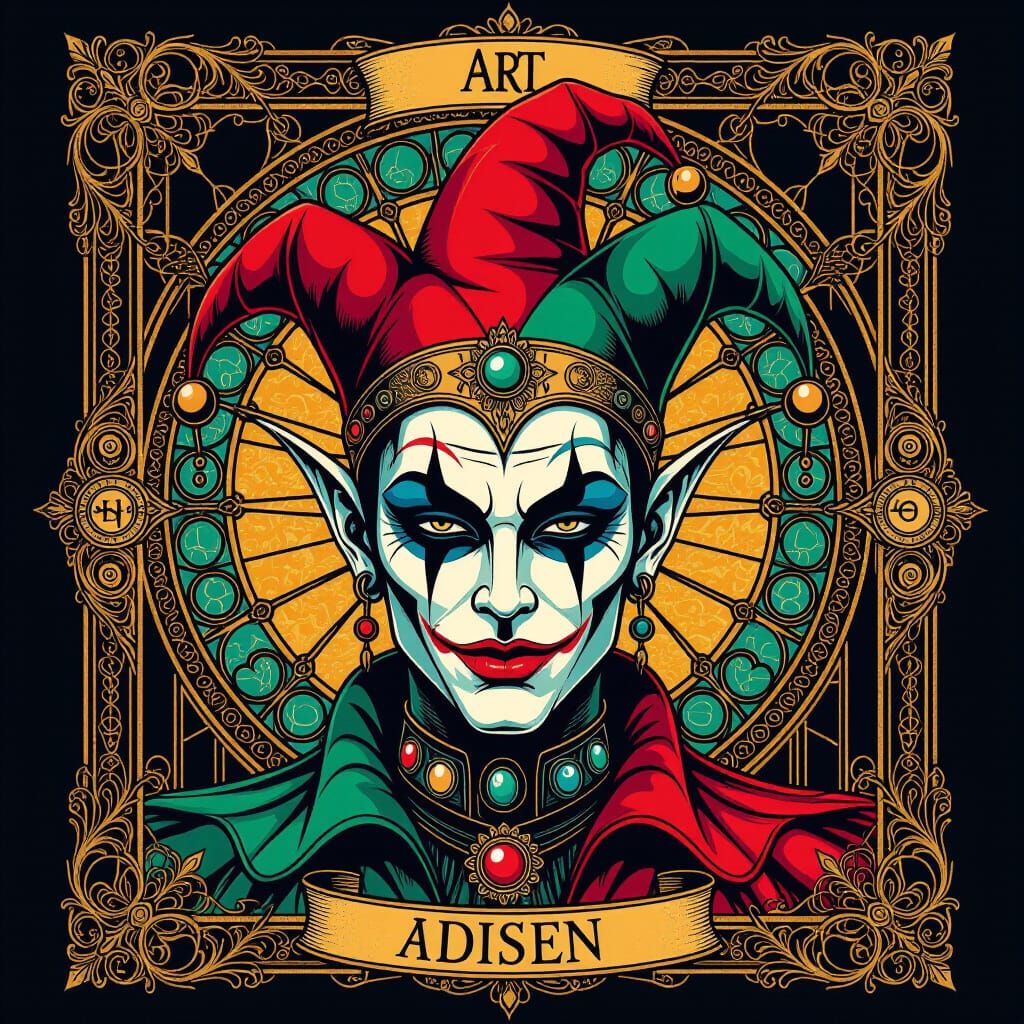 Cyberpunk Jester in Art Nouveau Tarot Card Design