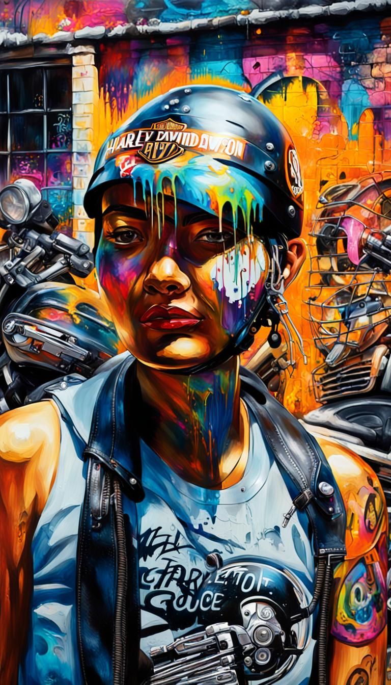 Woman with Harley Davidson in Graffiti Art Style