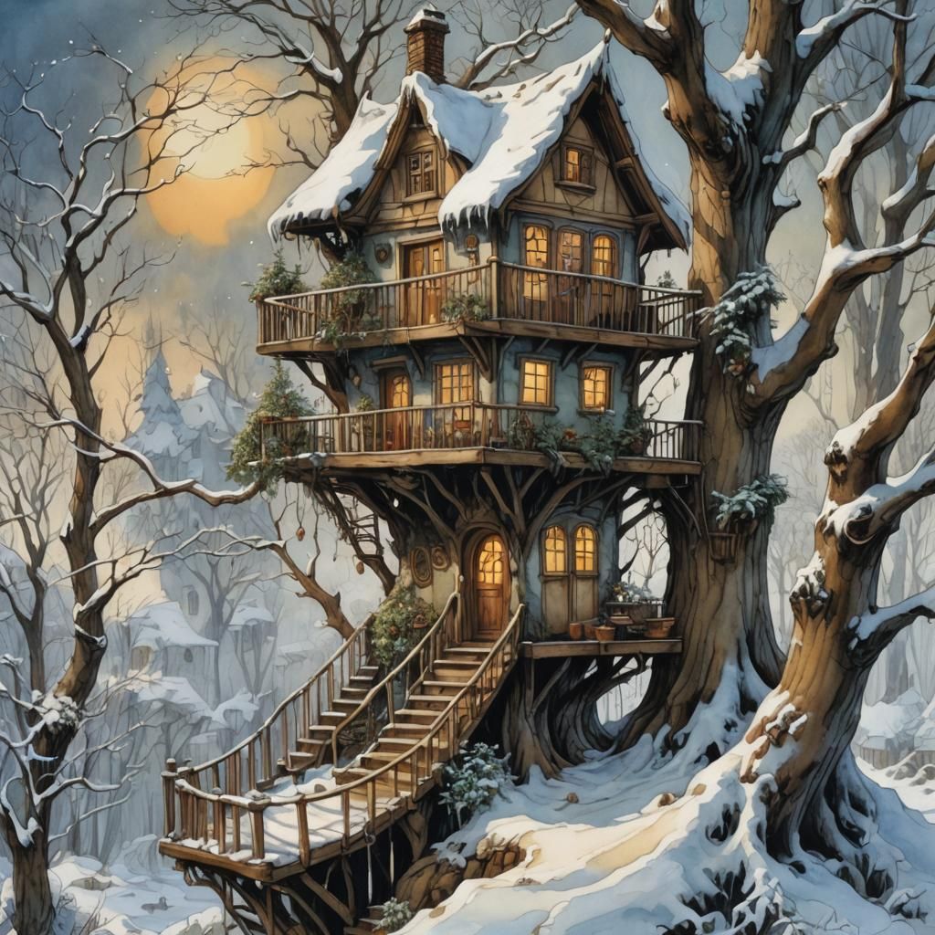 Enchanting Fairy Treehouse in Winter, Milo Manara Style