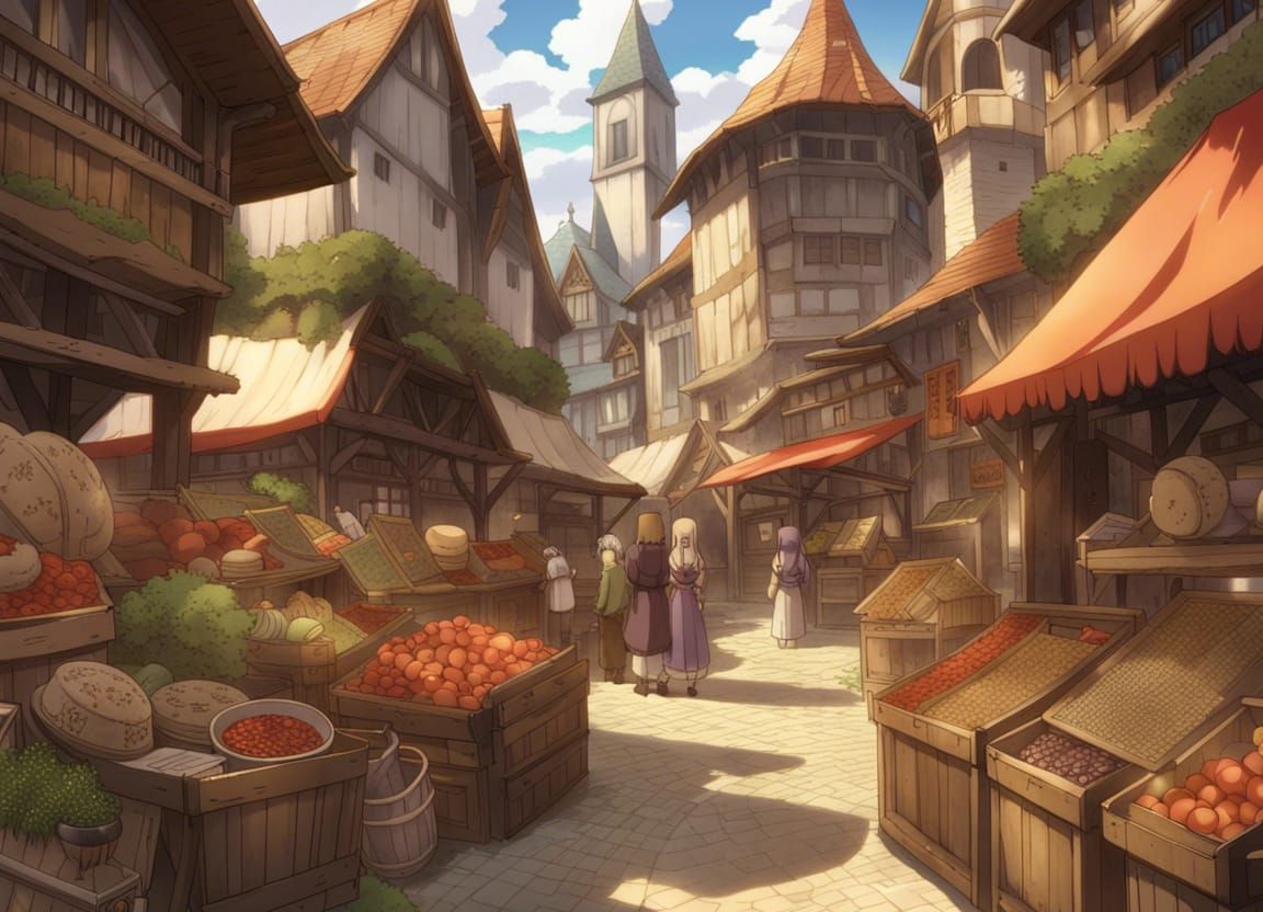 Medieval Marketplace in Anime Background Art Style