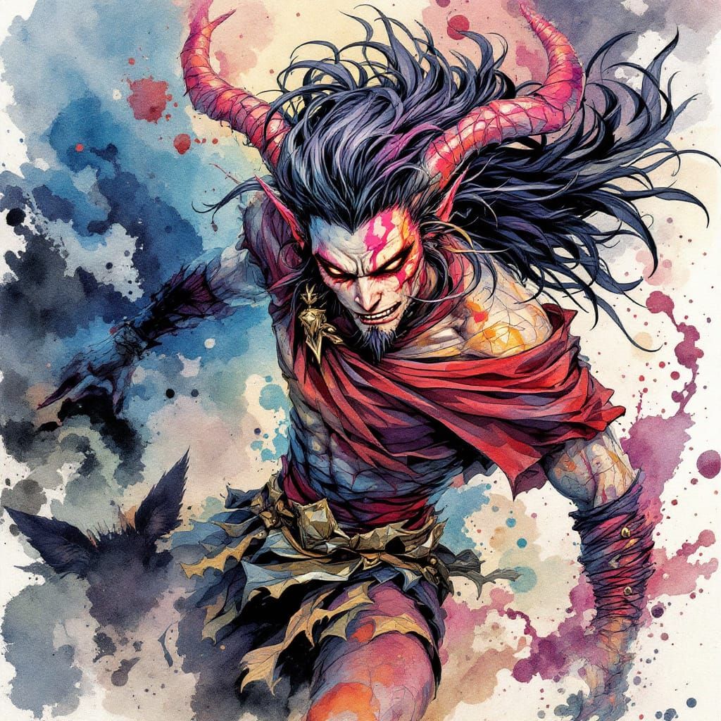 Dynamic Tiefling in Watercolour Style