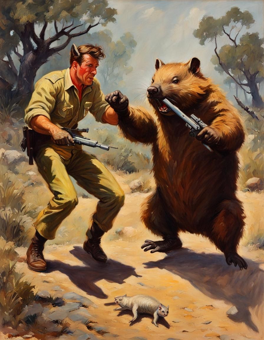 Man Versus Wombats: 1950s Adventure Painting