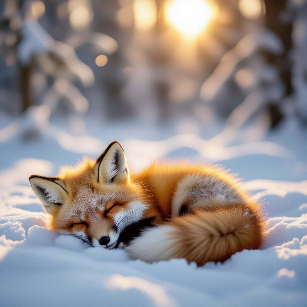 Baby Fox Sleeping in Golden Hour Snow