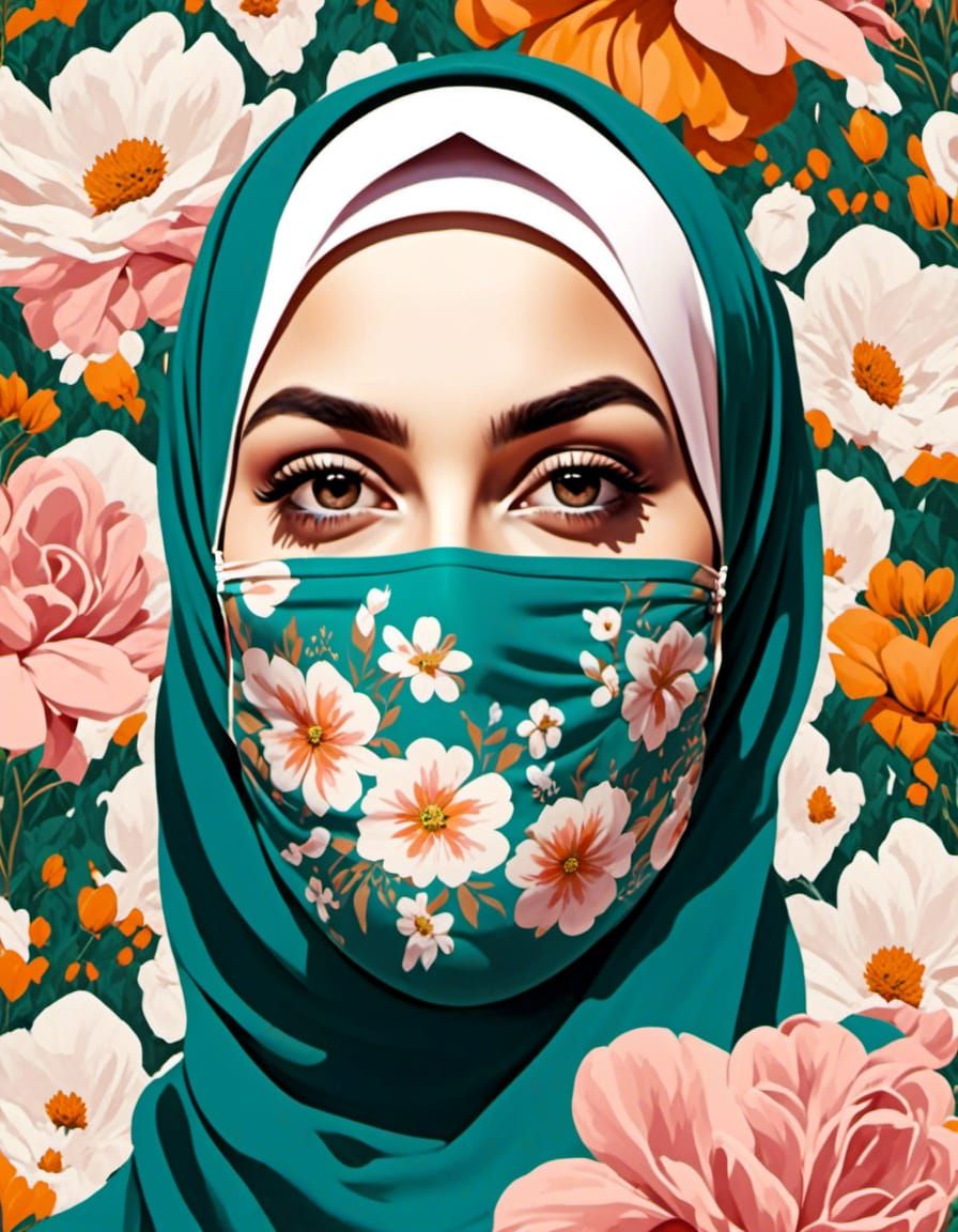 Beautiful Masked Woman in Flowerish Spring Park