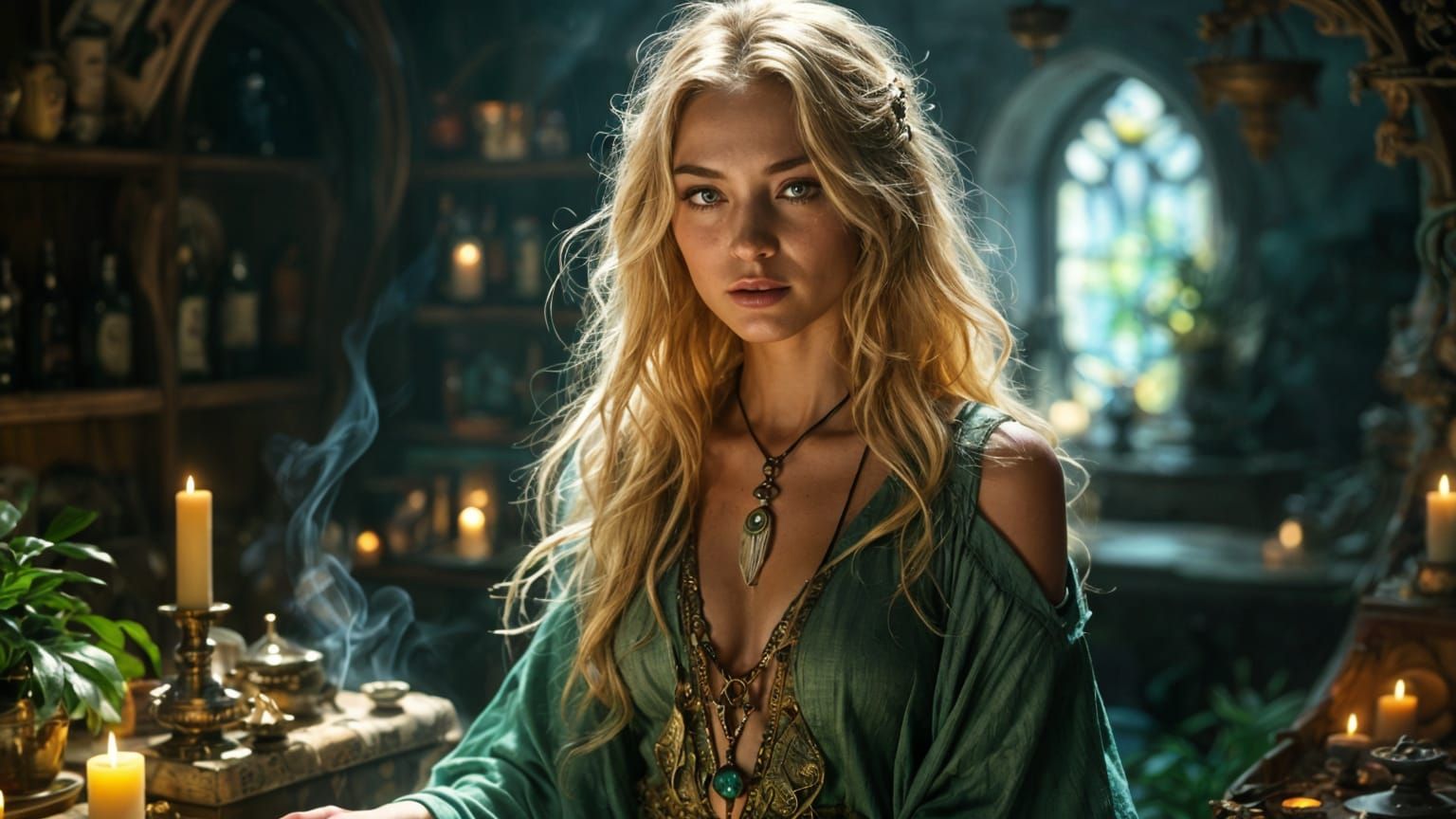 Amazonian Sorceress in Mystical Chamber