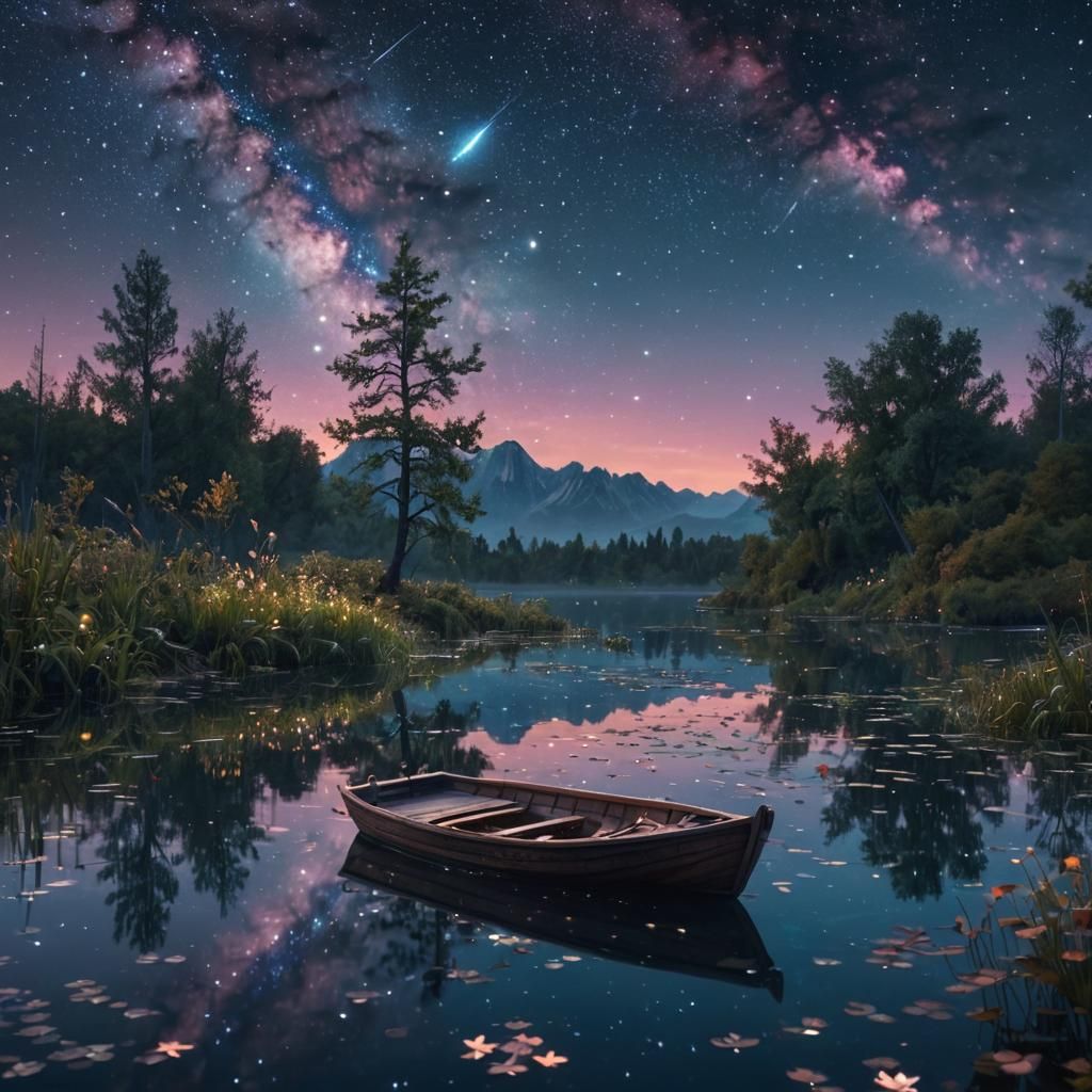 Bioluminescent Lake Under Twilight Sky: Fantasy Concept Art