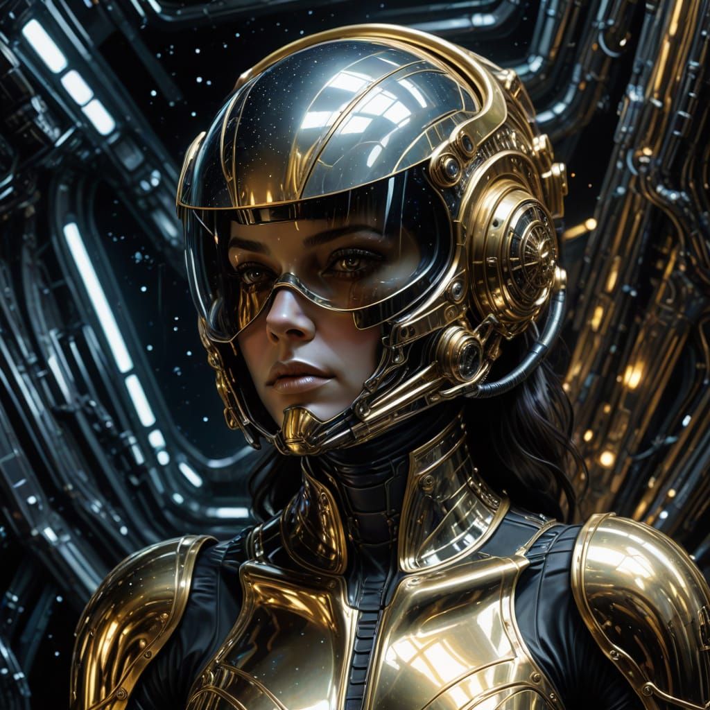 Space Warrior in Metallic Latex Armor, Against a Starry Gala...