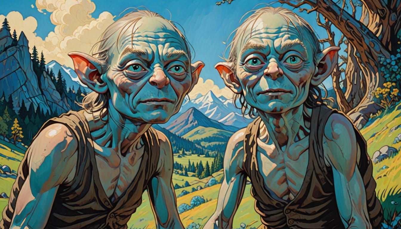 Gollum Emerging from a Bright Blue Sky in a Whimsical Painti...