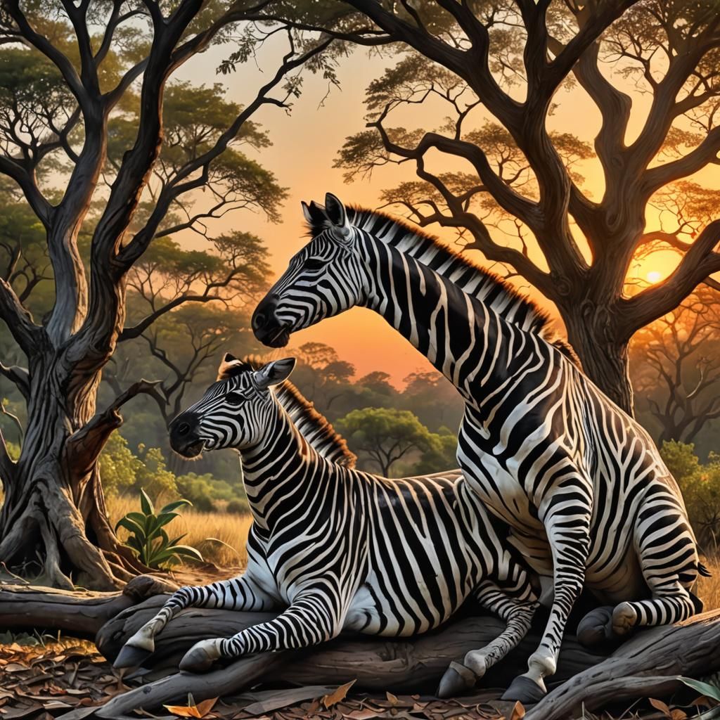 Hyperrealistic Zebra Scratching Tree at Sunset