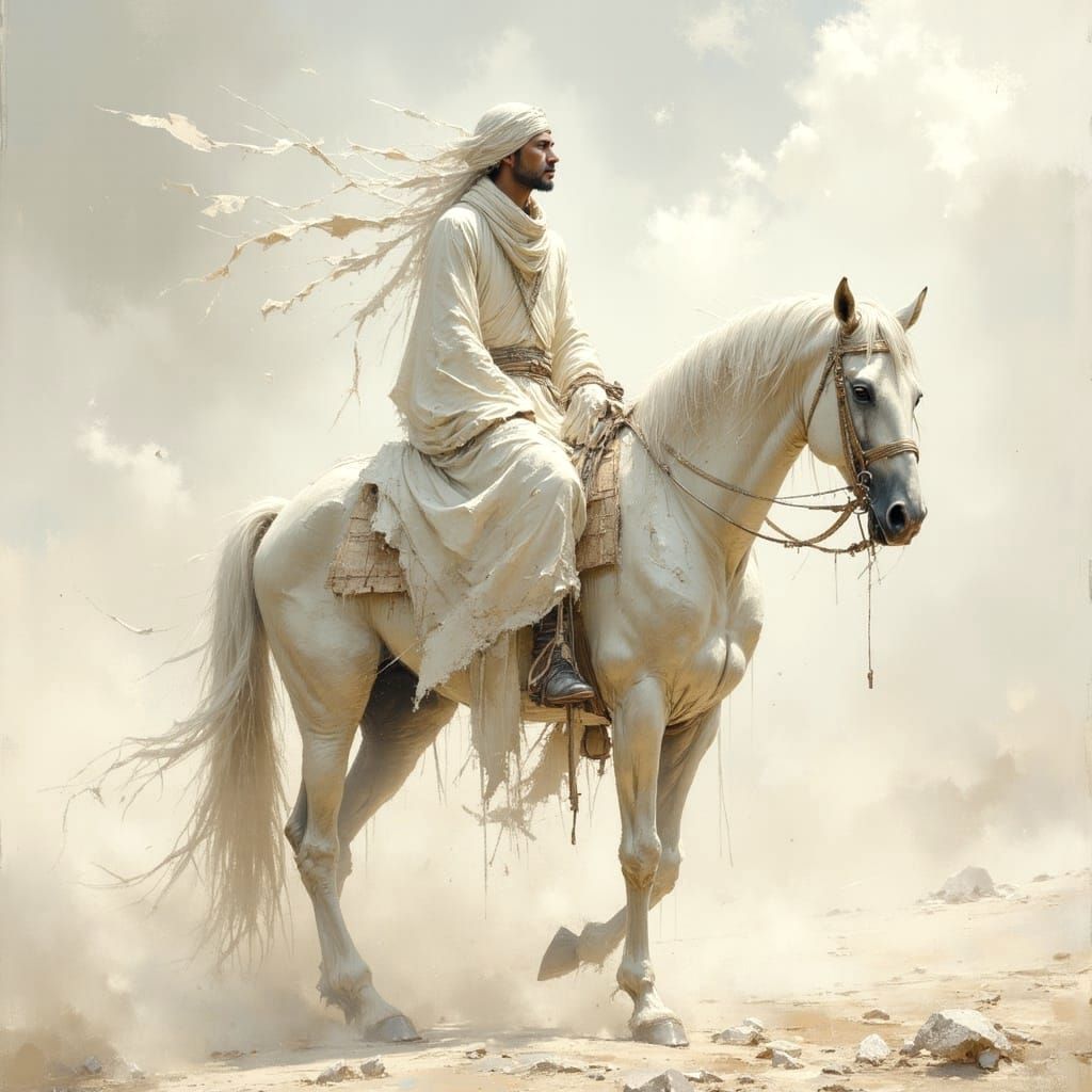 Nomadic Rider on White Horse in Sandy Desert