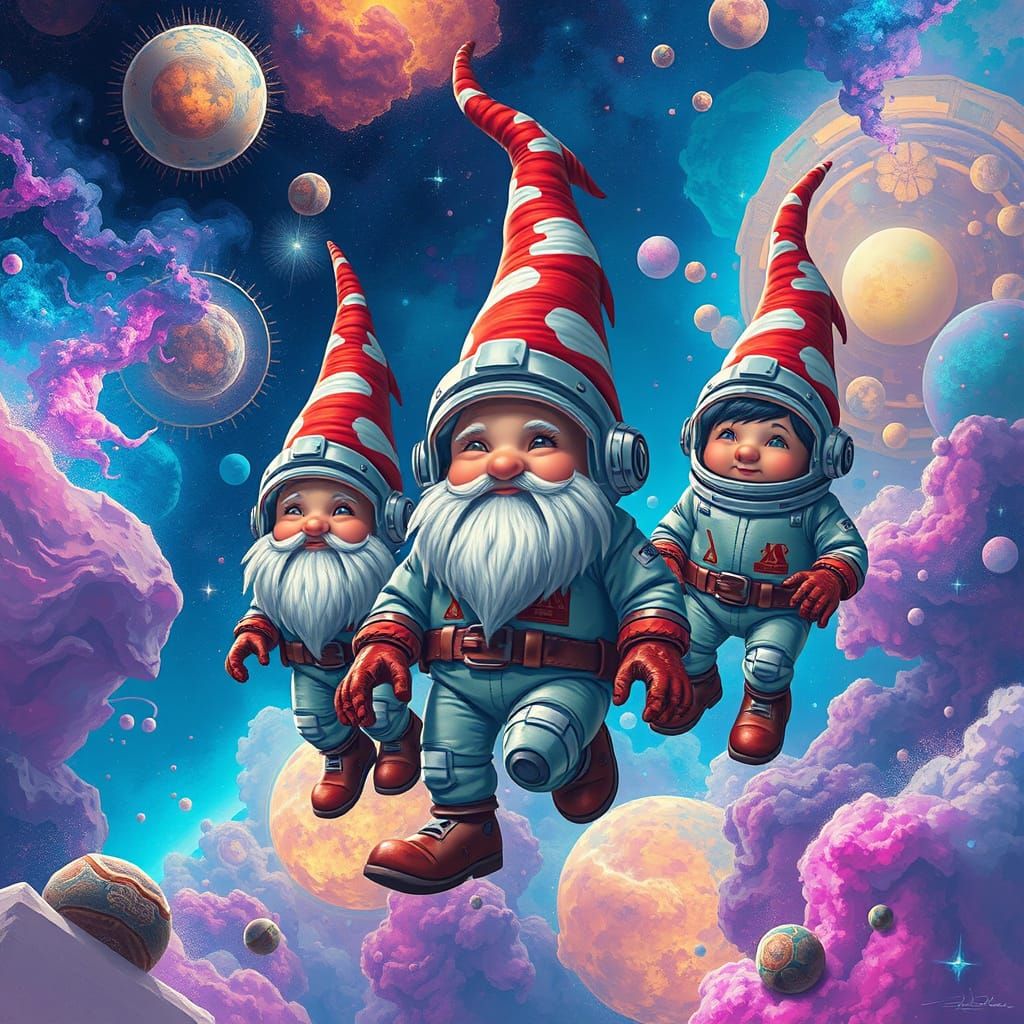 Gnomes in Space Suits Amidst Nebulae