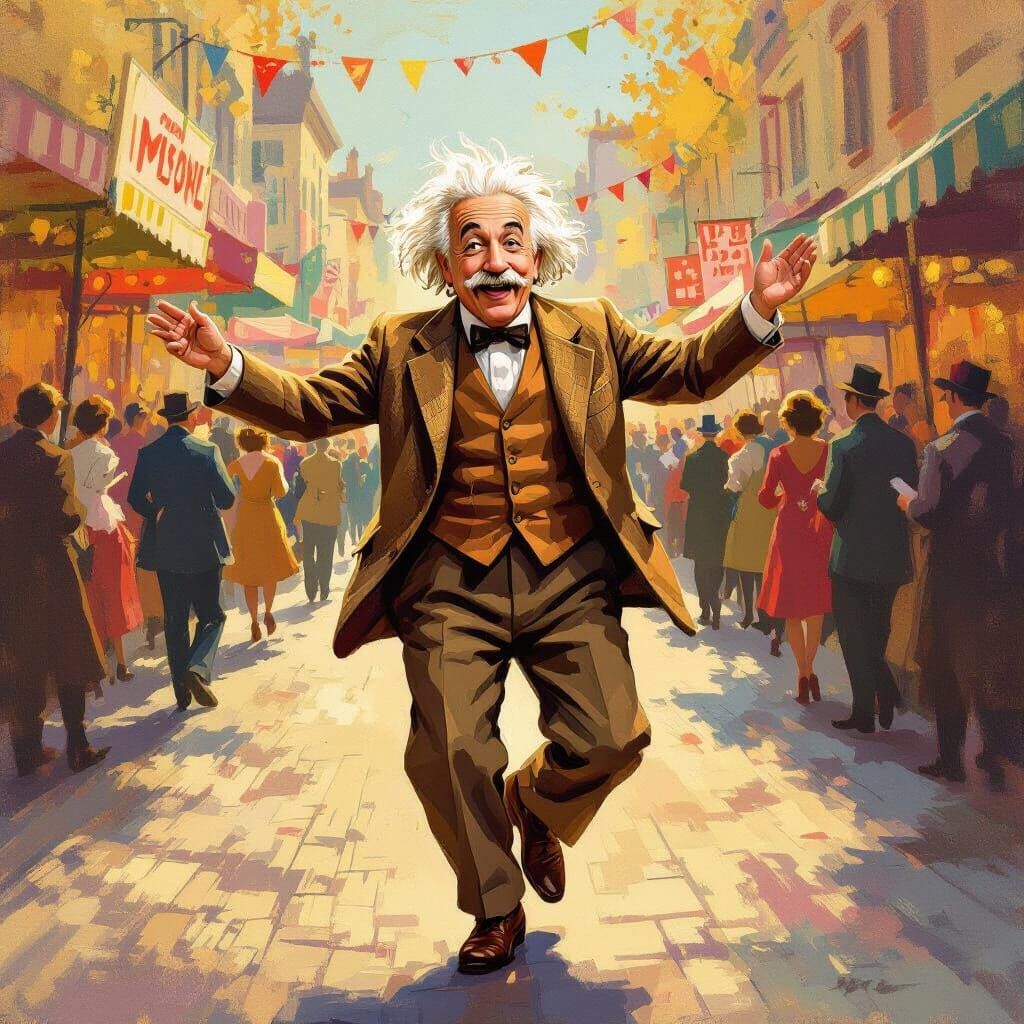 Albert Einstein Dancing Joyfully at a Street Fair