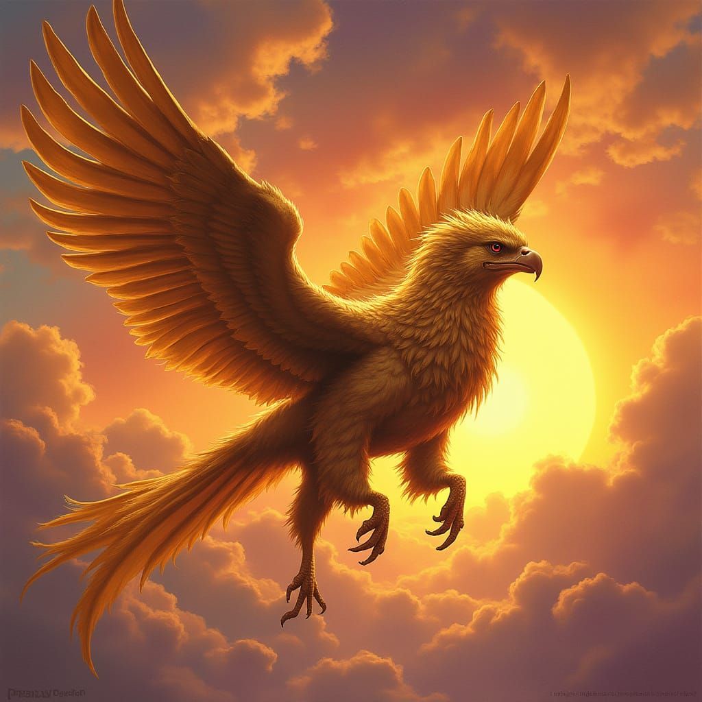 Majestic Griffin Soars Through Sunset Sky in Golden Glory