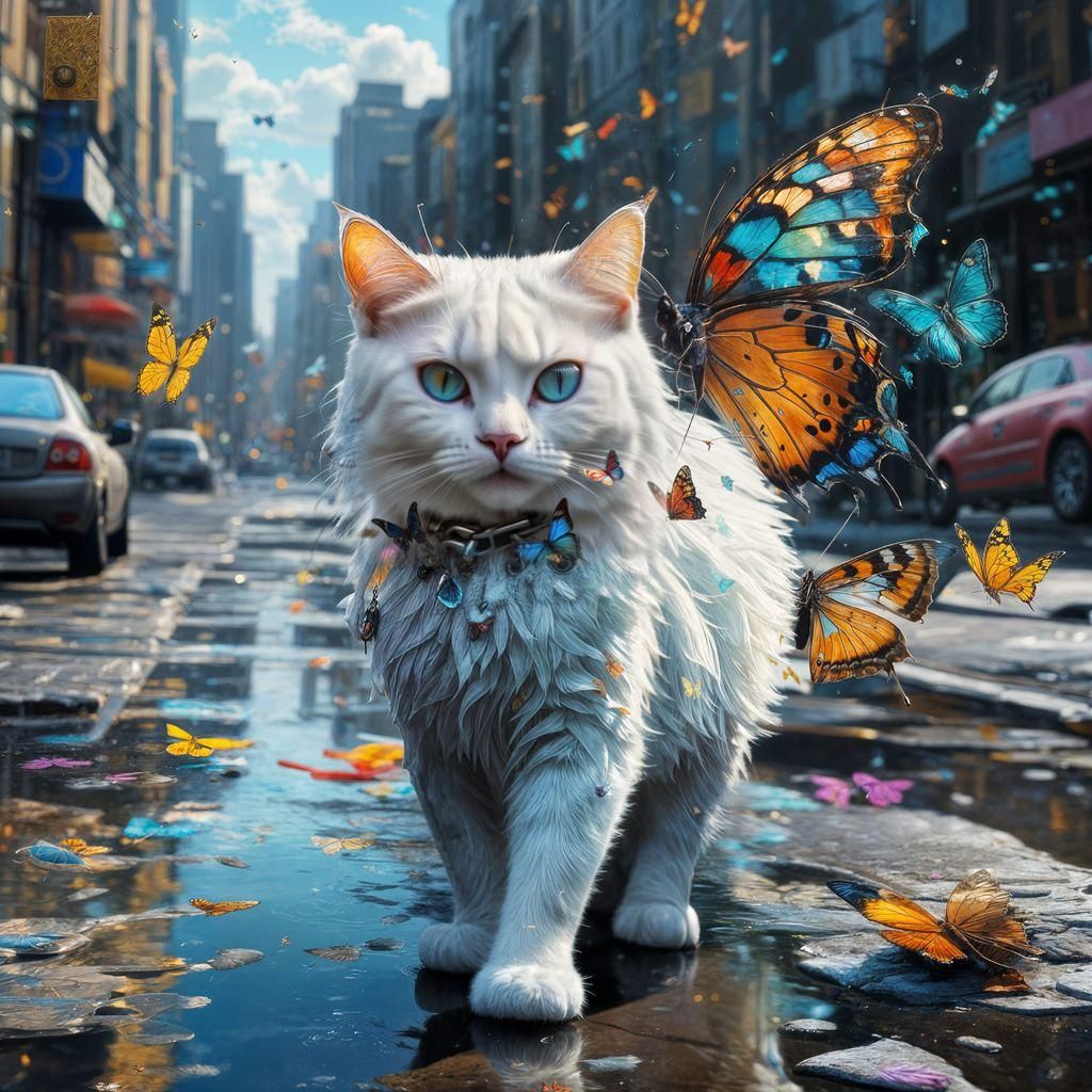 White Cat in City with Butterflies: Hyperrealistic Image
