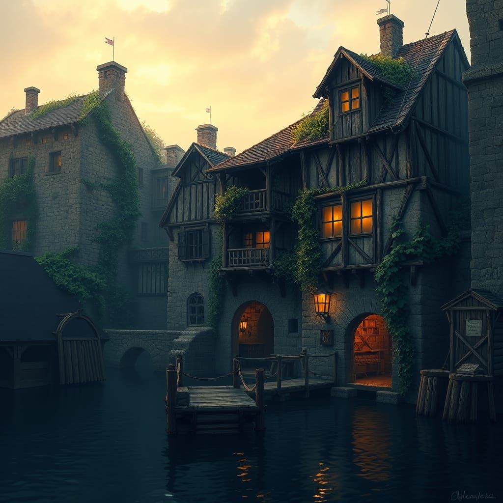 Medieval Harbor Town Transformed by Nature in Golden Twiligh...