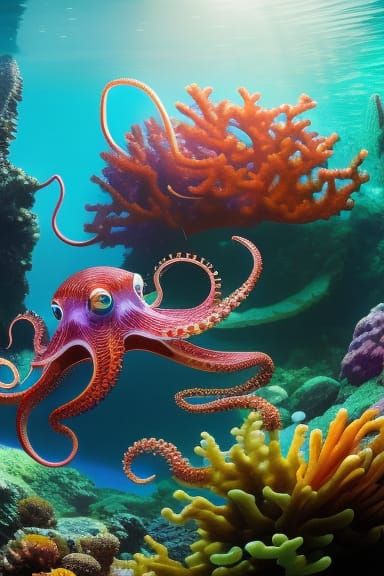 octopus, fishes rocks and coral in an underwater cave