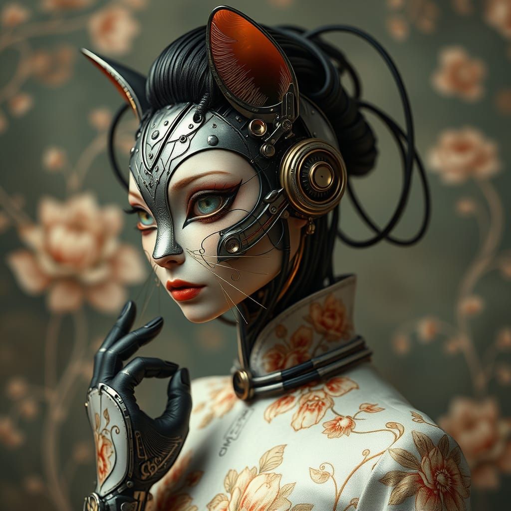 Cyborg Cat with Floral Etchings in Futuristic Style