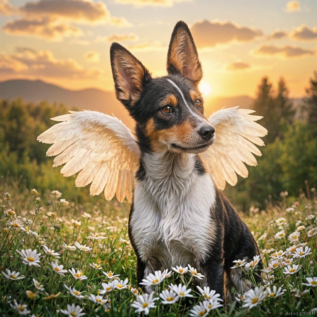 Tricolor Fox Terrier with Angel Wings in a Heavenly Sunset L...