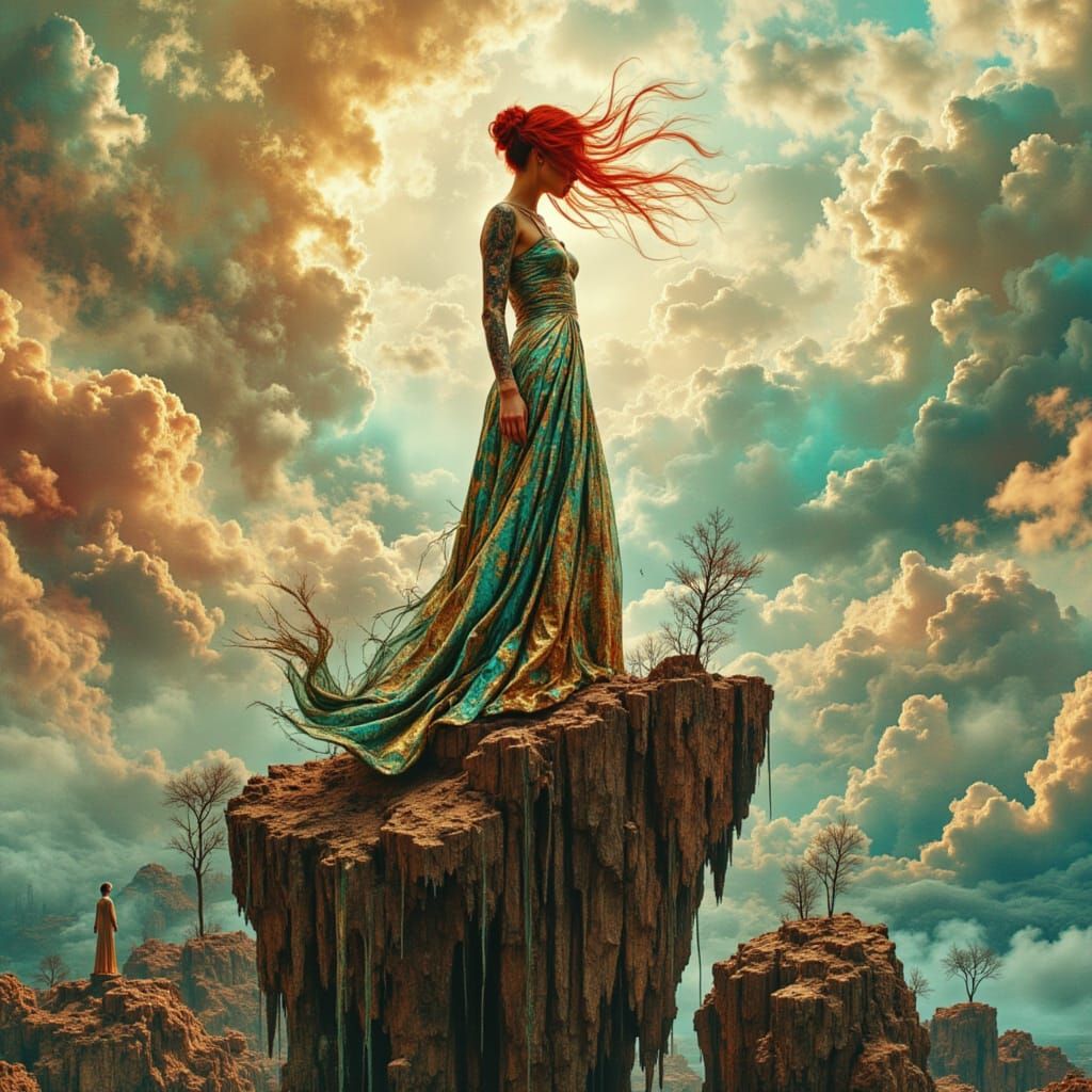 Woman on Floating Island in Alien Sky, Metallic Gown