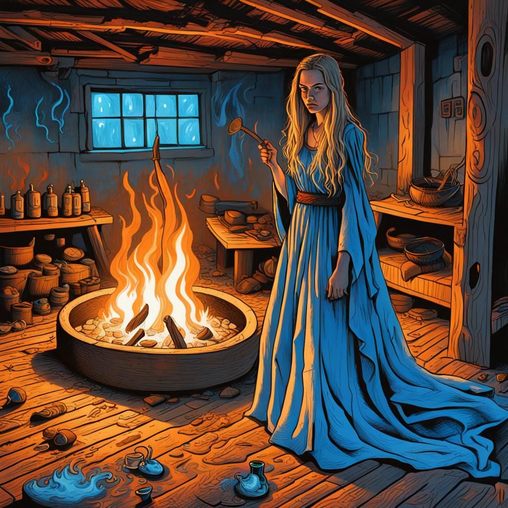 Norse Woman Performing Ritual with Blue Fire