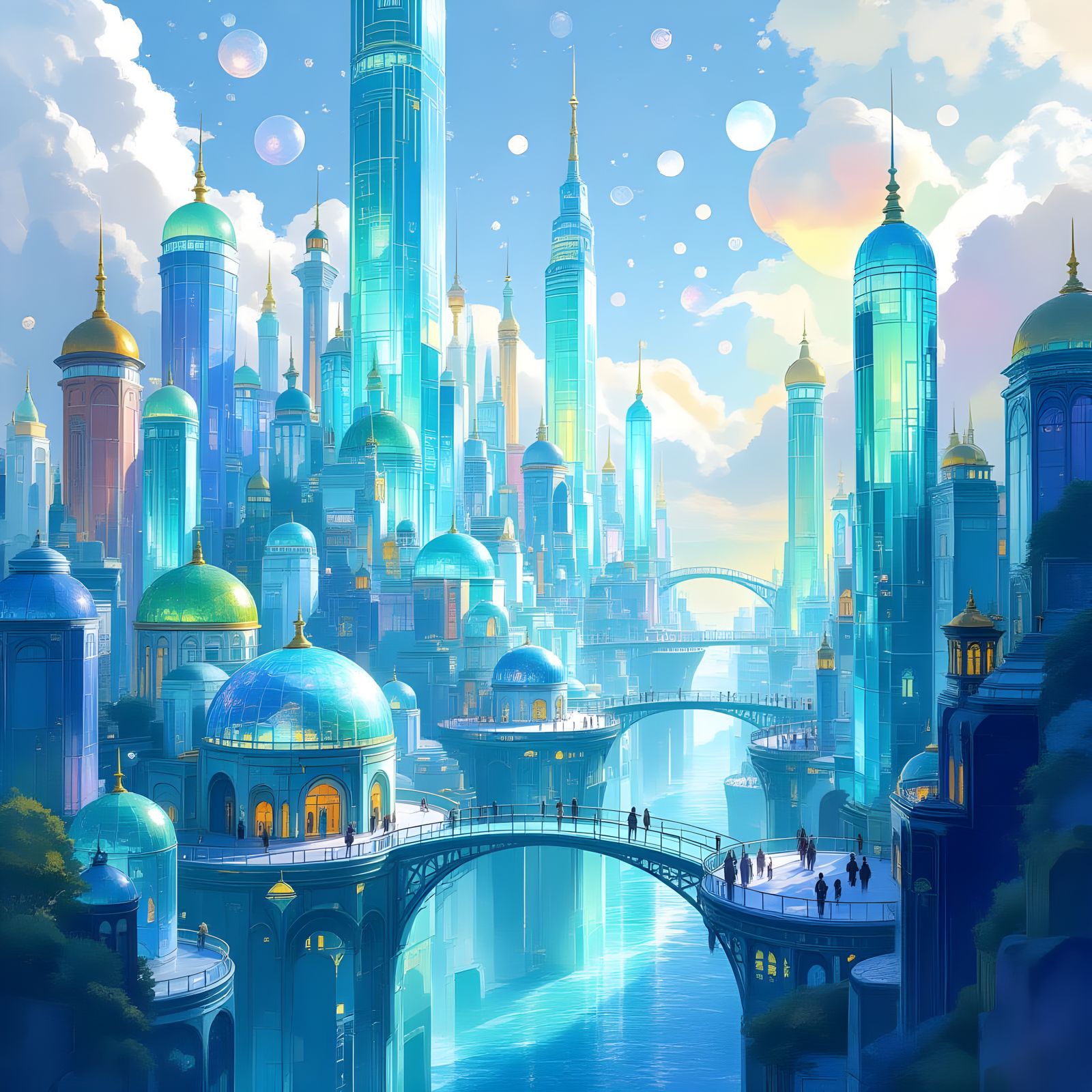 Futuristic Sea Glass City with Glowing Orbs