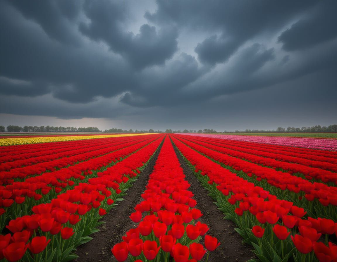 Vibrant Red Tulips Field Under Dramatic Sky