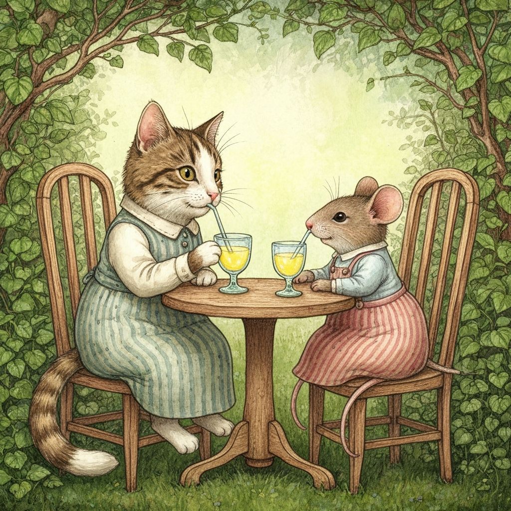 Cat and Mouse Enjoy Lemonade in Whimsical Watercolor Style