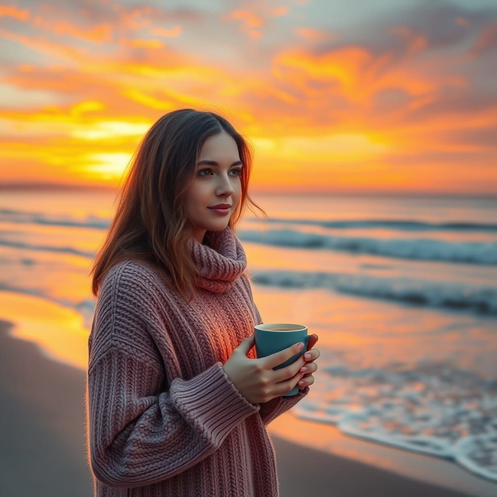 Girl in Cozy Sweater Embracing Dreamy Sunrise