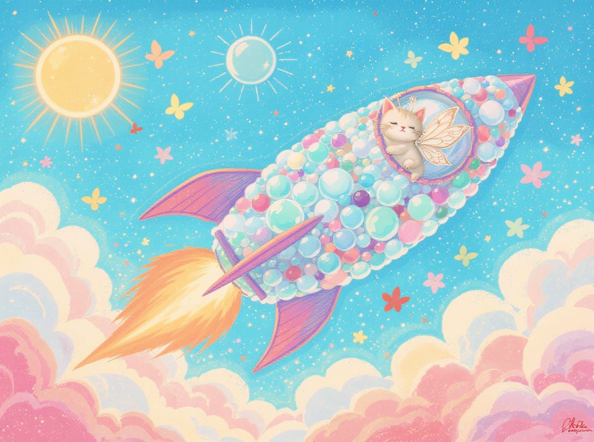 Bubble Rocket Soaring Through Floral Skies: Chalk Art