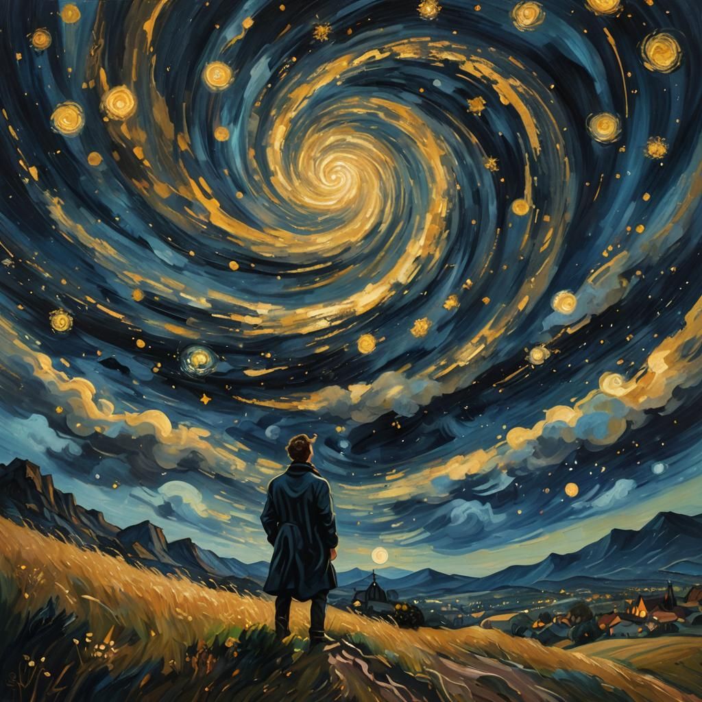 Figure Gazing at Starry Night Sky as Impasto Painting