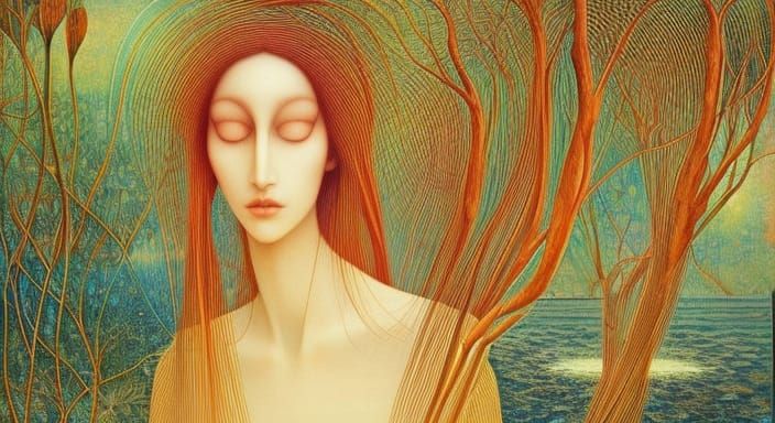 Sunset-Human Hybrid in Glass Forest: Gaudí-Inspired Art