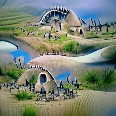 Futuristic Prehistoric Village: Tim Burton Style
