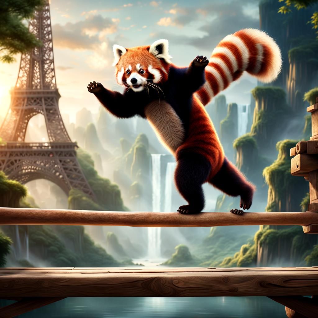 Red panda competing in Olympic gymnastics balance beam