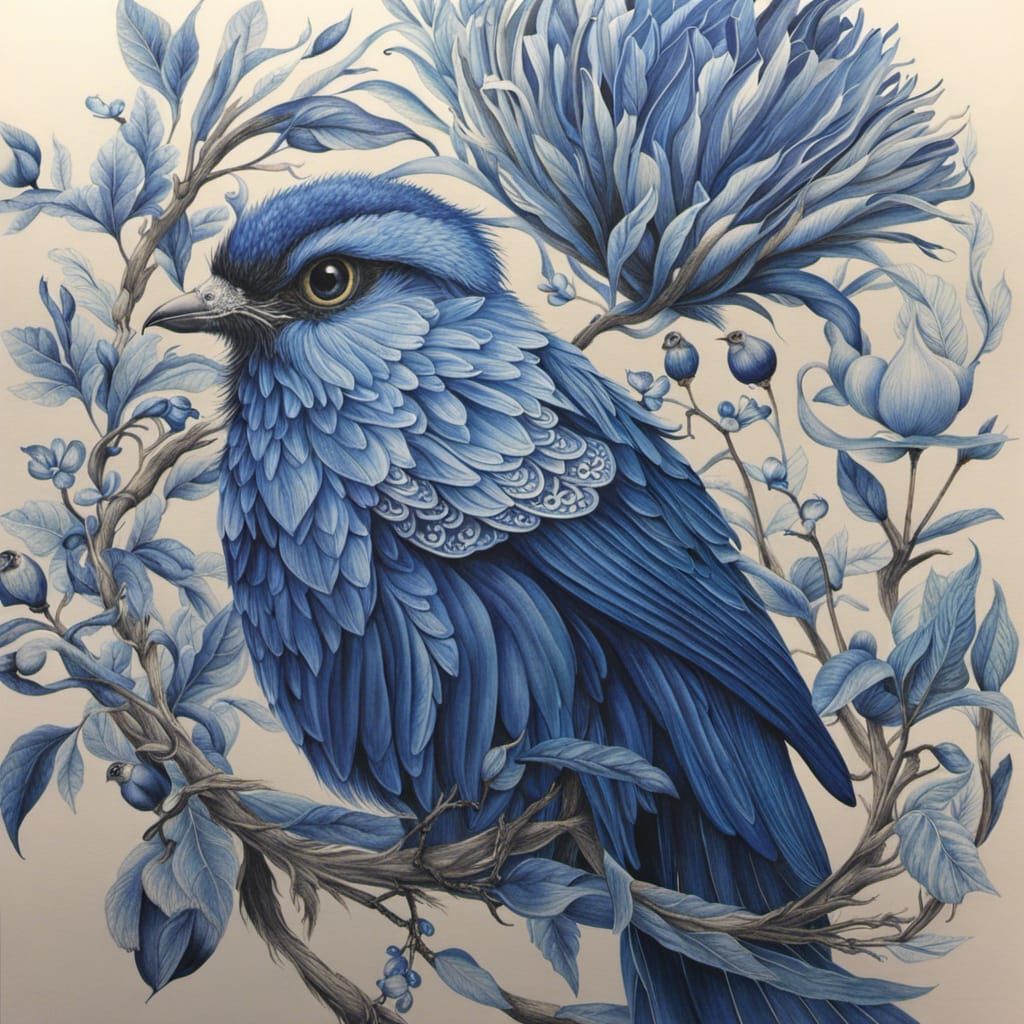 Intricate Blue Ink Drawing in Natural Style