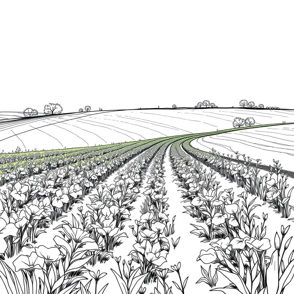 Farmland Sketch in Black and White Outline Style
