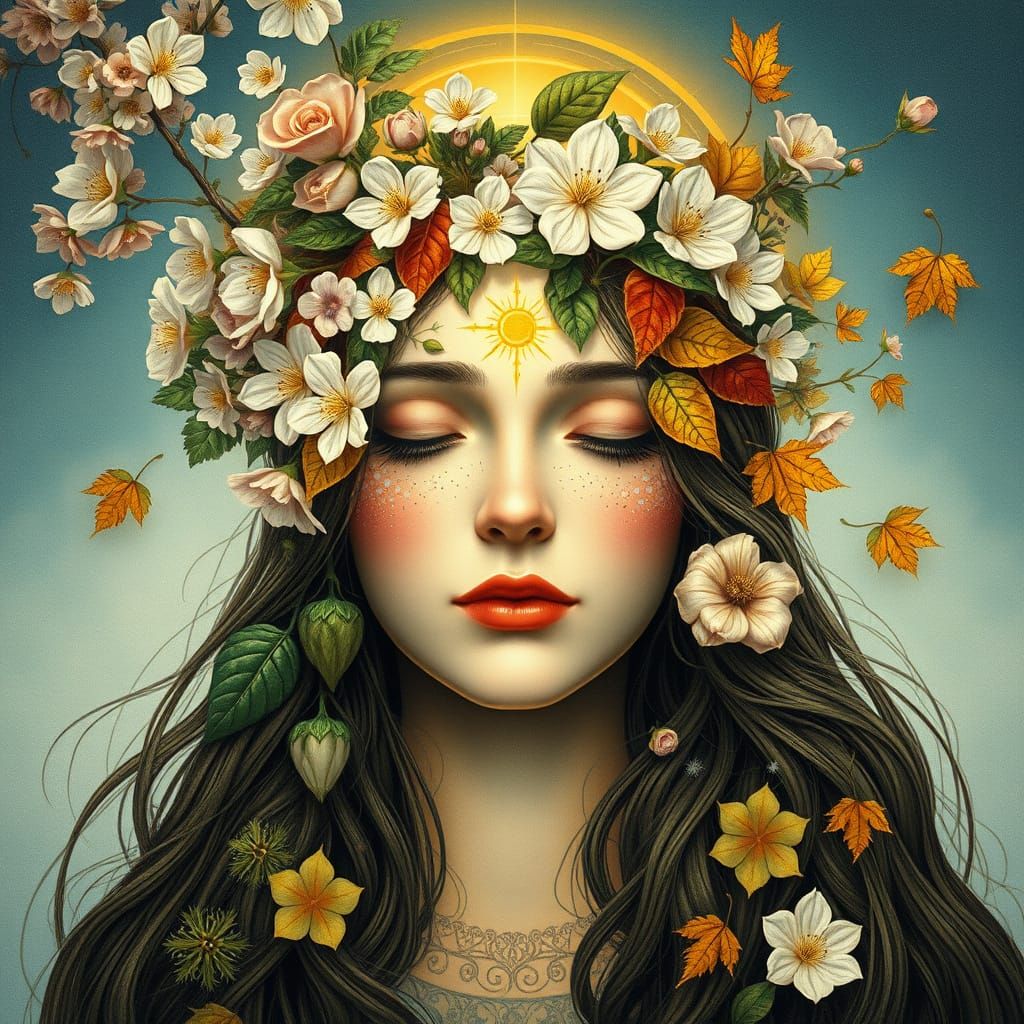 Mother Nature Face with Seasons, Art Nouveau Style