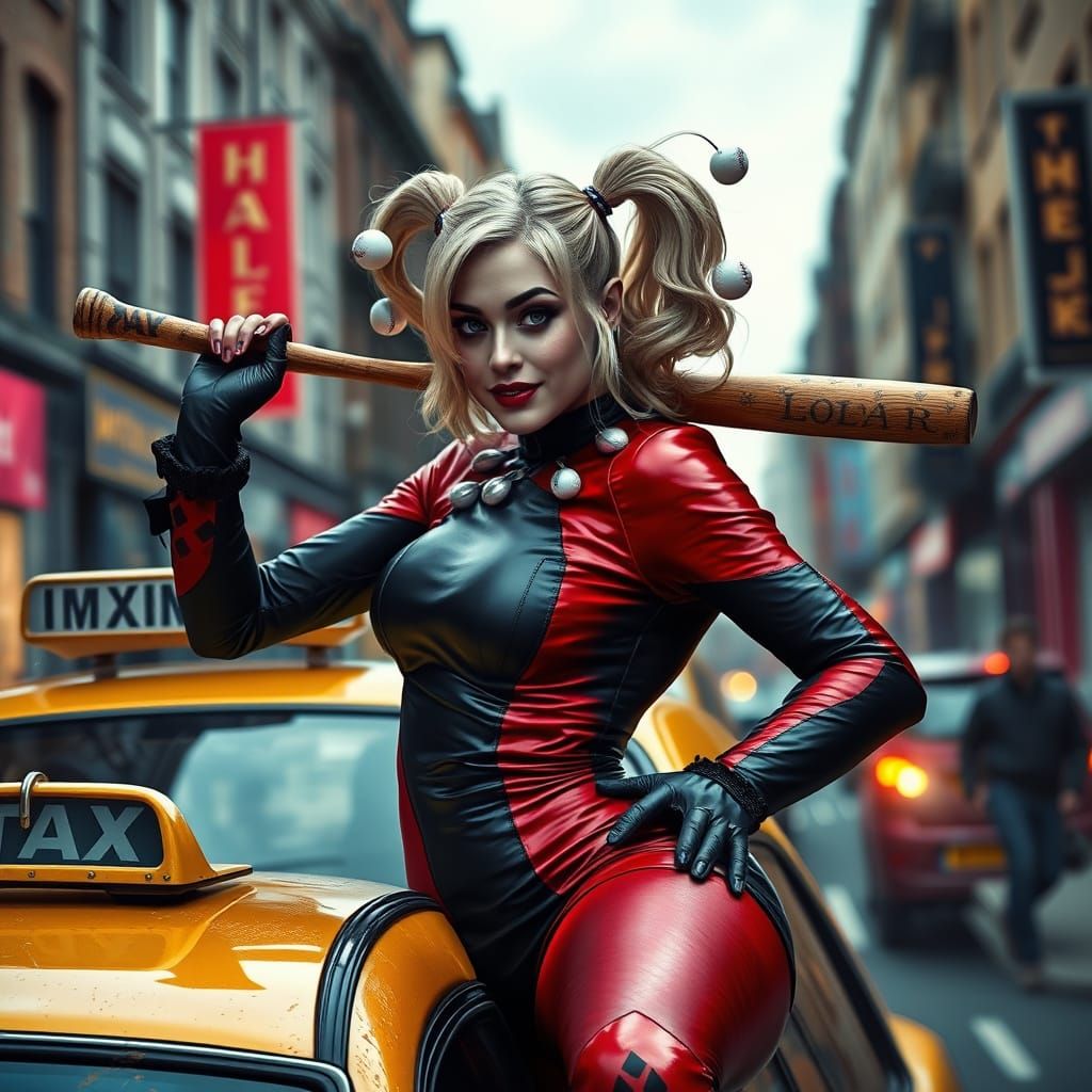 Harley Quinn Leans on London Taxi in Hyperrealistic Street A...