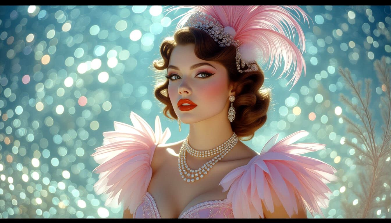 Ethereal Burlesque Showgirl in Radiant Panorama