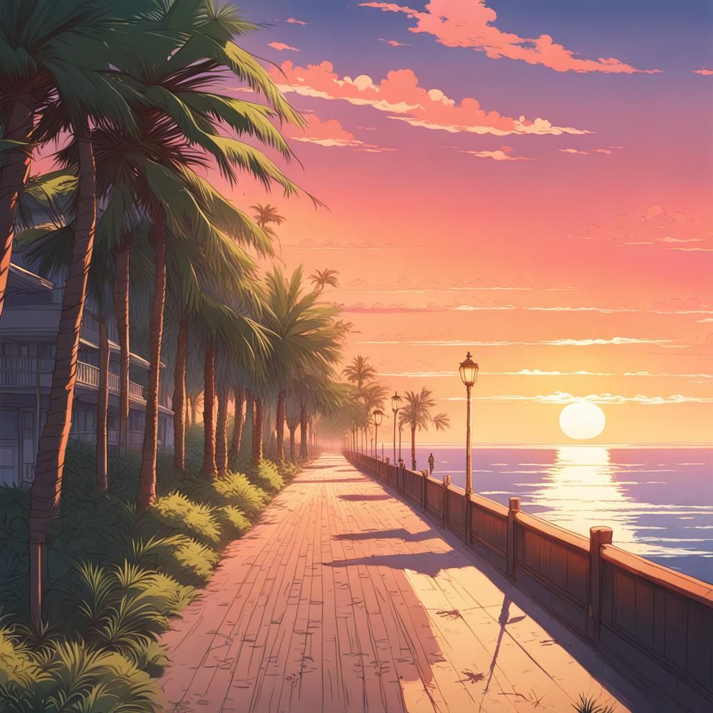 Sunset Beach Promenade in Anime Style