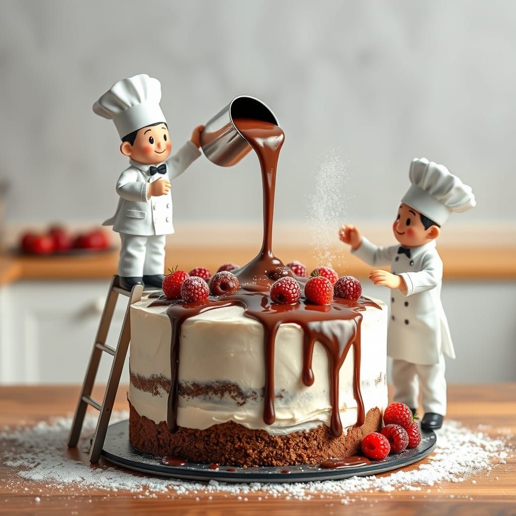 Miniature Chefs Decorating a Giant Cake