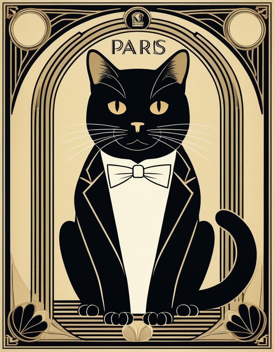 Art Deco Cat in Tuxedo: Vintage Poster Style