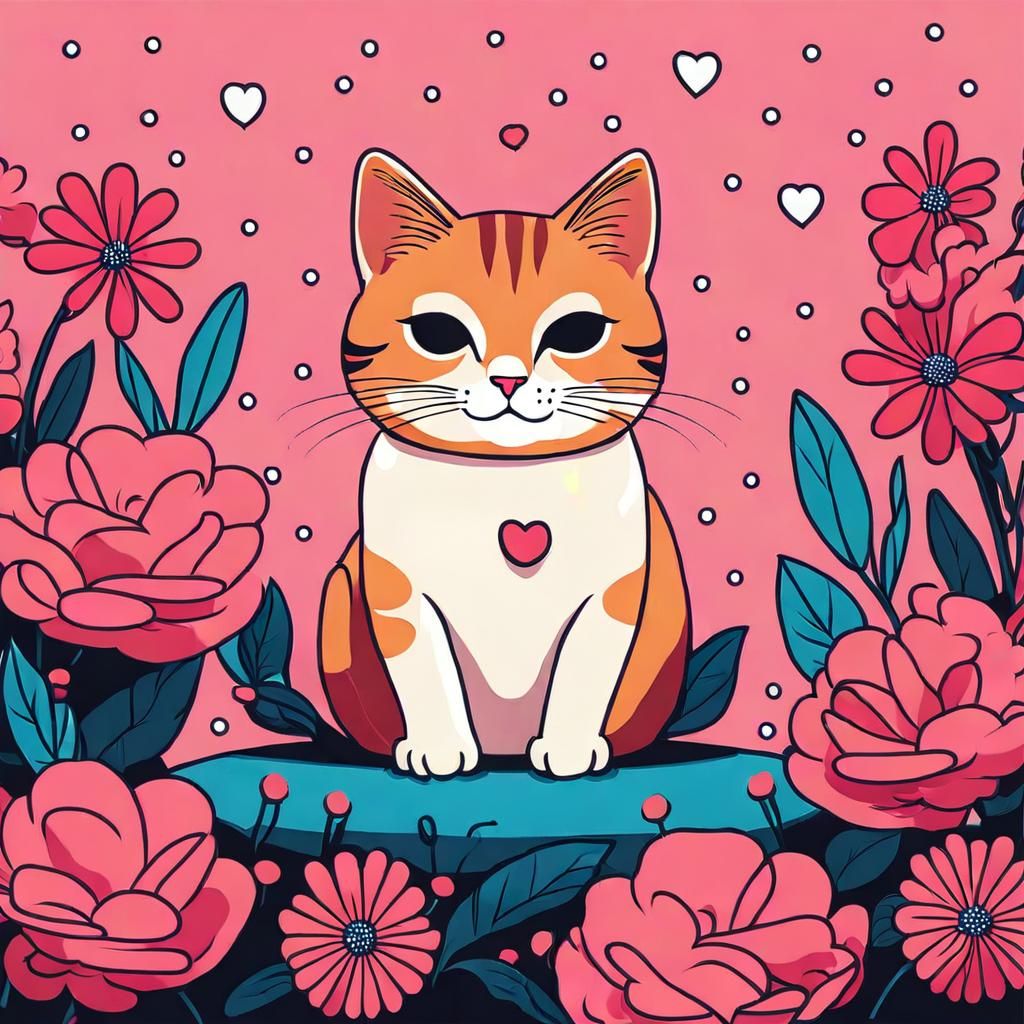 Cute Cat Surrounded by Flowers in Pop Art Style