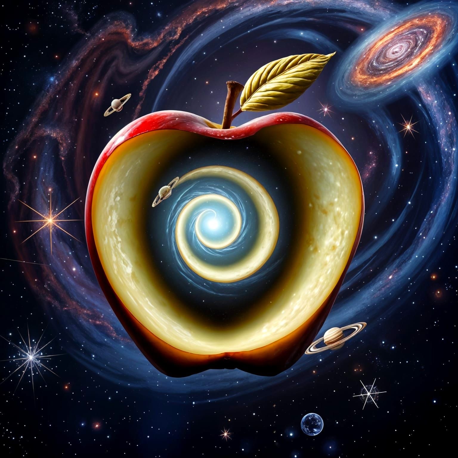 Surreal Cosmic Apple Vortex in Swirling Galaxy