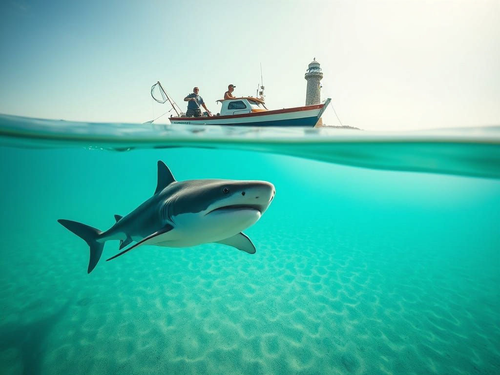 Serene Lakebed Encounter: A Hammerhead Shark and Fishing Boa...